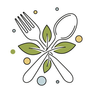 Monoline icon featuring a crossed fork and spoon with organic leaf sprigs and minimalist geometric circles isolated on a white background culinary logo concept