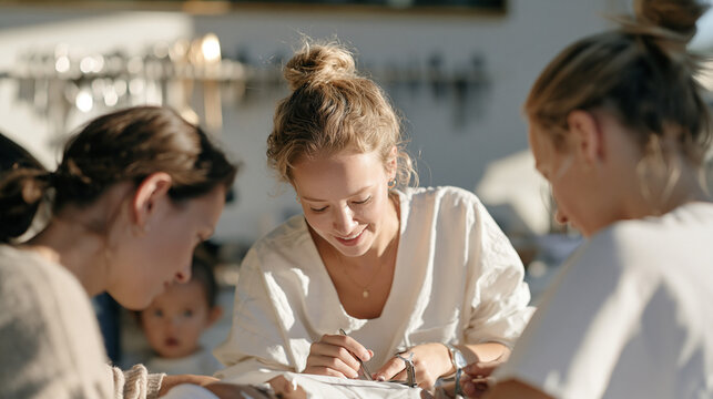 Beauty professionals testing a new lash extension method together beneath golden hour lighting, a row of precision tools hung on the wall behind them, a child peeking into the