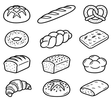 Set of hand drawn bakery and bread icons featuring various artisan loaves pretzel bagel croissant baguette vector illustrations bread types artisan loaf bagel drawing croissant sketch baked goods