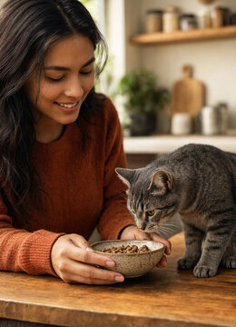 Young woman offers a bowl of dry cat food to a curious tabby cat on a wooden kitchen counter. Warm indoor kitchen scene with natural light and casual clothing.