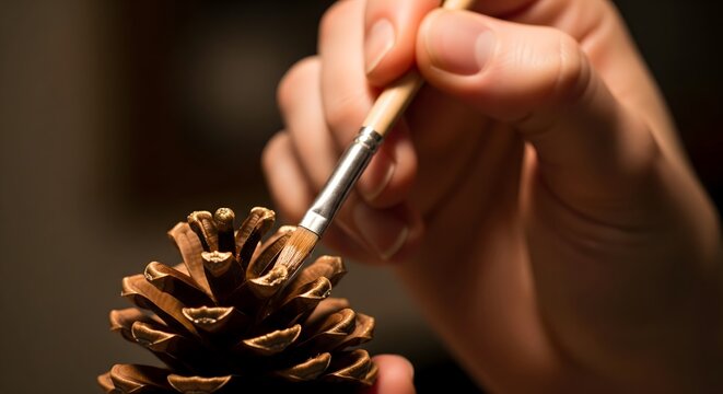 Person painting a natural pine cone with metallic gold paint and brush