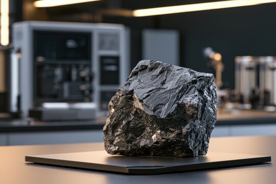 Large raw black meteorite rock with textured surface displayed on a modern table in a contemporary indoor laboratory environment with blurred background equipme