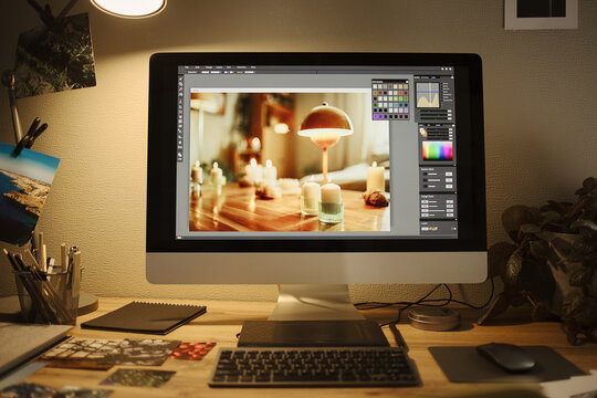 Desktop computer displaying photo editing software on screen in creative home office workspace. Image ideal for promoting digital design courses and photography post-production services