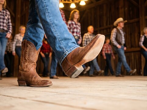 Country dancer kicking embroidered brown leather boots on wooden barn floor while line dancing alongside people in western attire under warm rustic chandelier.