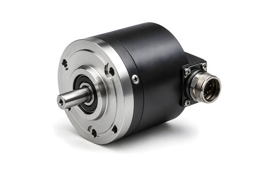 Angled industrial servo motor with rotary encoder, precision shaft and electrical connector for automation