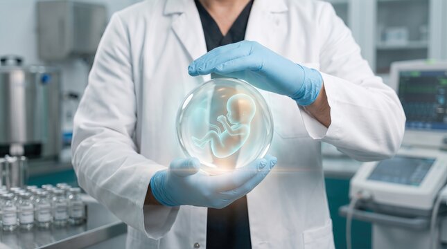 Medical professional in white coat holds a transparent sphere containing a fetus model, surrounded by laboratory equipment and vials in a fertility clinic setting
