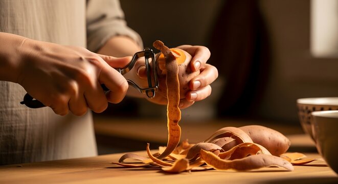 Person peeling a fresh sweet potato with a metal peeler in kitchen