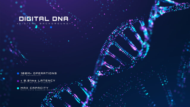 Dark Blue Background With Digital DNA Concept And Neon Glow Dot Particle Light Helix Spiral Science Technology Graphic Design Advance Future Medical System Network Hologram. Vector Illustration.