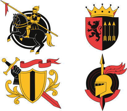 Heraldic Crest Collection with Six Royal Shield Emblems, Crown, Laurel Wreath and Vintage Coat of Arms Vector Set