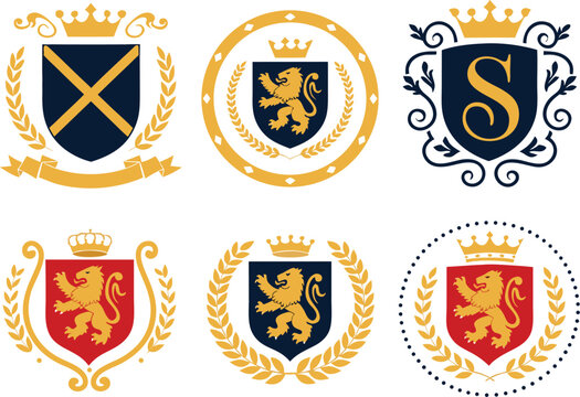 Heraldic Crest Collection with Six Royal Shield Emblems, Crown, Laurel Wreath and Vintage Coat of Arms Vector Set
