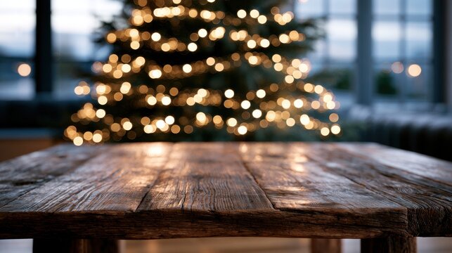 Rustic wooden table surface with warm glowing decorative lights in blurred background creating a cozy festive ambiance in living room setting