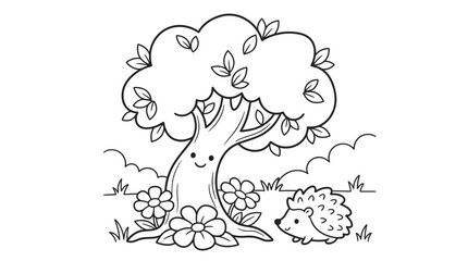 Fototapeta premium Cute hedgehog and smiling tree coloring page for kids vector illustration