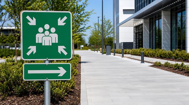 Green emergency assembly point sign with a group of people icon and directional arrow outside a modern office building on a sunny day.