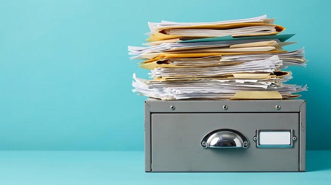 Stack of papers and files in filing cabinet drawer, representing disorganized office paperwork and administrative backlog for business and accounting.
