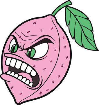 Angry Pink Lemon Character Vector Illustration Featuring A Grumpy Expressive Fruit Mascot Design
