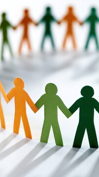 Colorful paper cutout figures holding hands symbolizing unity and teamwork with soft shadows creating a connected community atmosphere