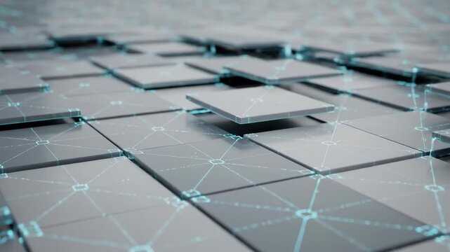 Elevated graphite tiles assemble across a clean modular field while fine cyan links bridge each segment, illustrating adaptive enterprise architecture, data pathways, and scalable computing systems