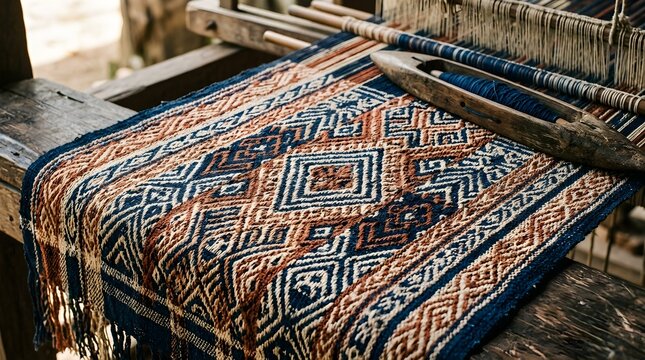 Close up of traditional handwoven ethnic pattern fabric on wooden loom with shuttle
