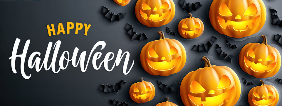 Happy Halloween Celebration Banner With Glowing Jack-O'-Lantern Pumpkins And Spooky Bats On Dark Background For Seasonal Promotions And Party Invitations