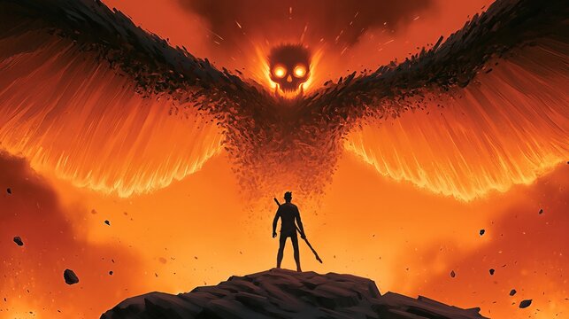 Confronting Fear And Adversity: Lone Warrior Facing A Fiery Demonic Entity In A Hellish Landscape, Struggle And Courage