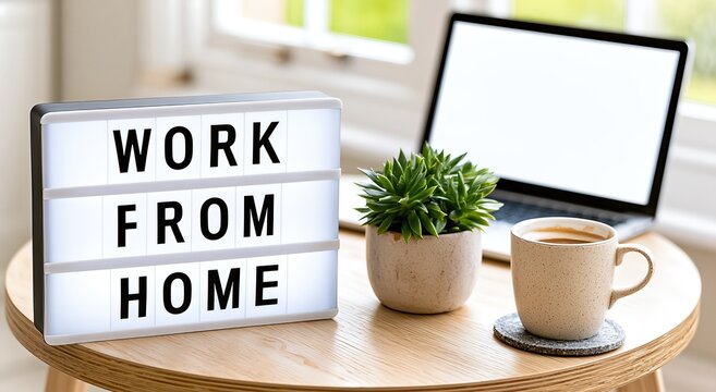 Work From Home Lightbox Sign With Laptop, Coffee, And Plant On Wooden Table For Remote Work Lifestyle