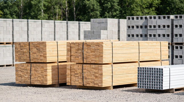 Stacked wooden lumber planks and gray concrete blocks stored outdoors at a construction materials supply yard