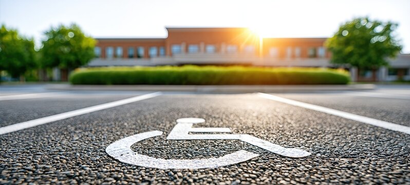 Accessibility Parking Space Symbol On Asphalt With Bright Sunlight And Building