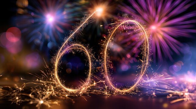 Sparkler light trails forming the number 60 with colorful fireworks bursting in the night sky creating a festive celebration atmosphere