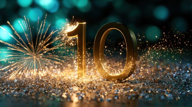 Golden number ten with sparkling fireworks and glittering bokeh lights celebrating a festive milestone or anniversary in a dark setting