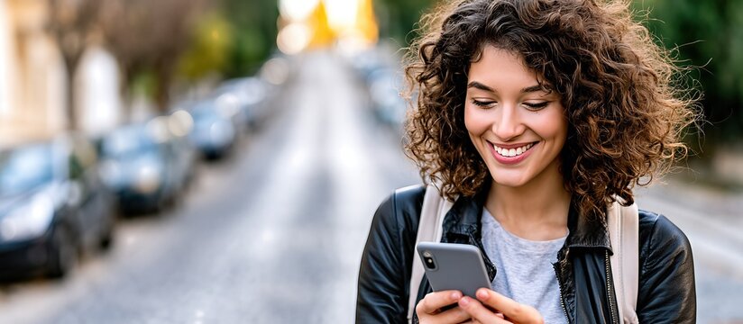 Happy Young Woman Using Smartphone Outdoors, Digital Communication, Social Media, Mobile Technology, Urban Lifestyle