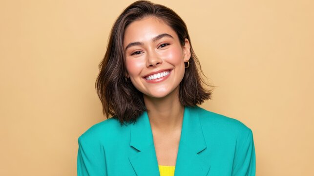 Smiling Panamanian businesswoman in green jacket on beige background with copy space