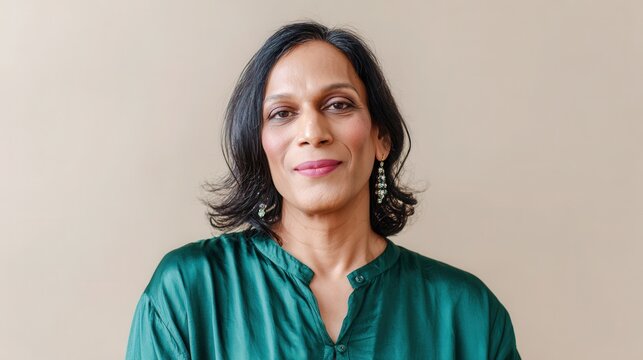 Portrait of an Indian individual wearing green attire against a simple background