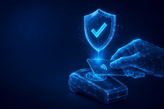 Hand paying with credit card at terminal with shield checkmark hologram. online payment security terminal checkmark security technology wireframe hologram. online payment security