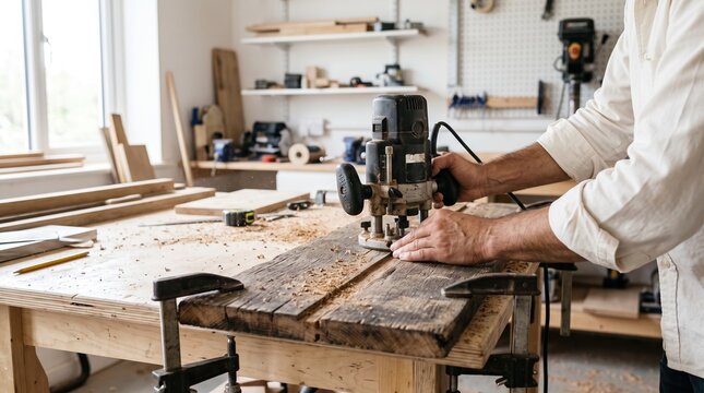 Woodworking craftsman shaping rustic wood board with electric router tool in workshop