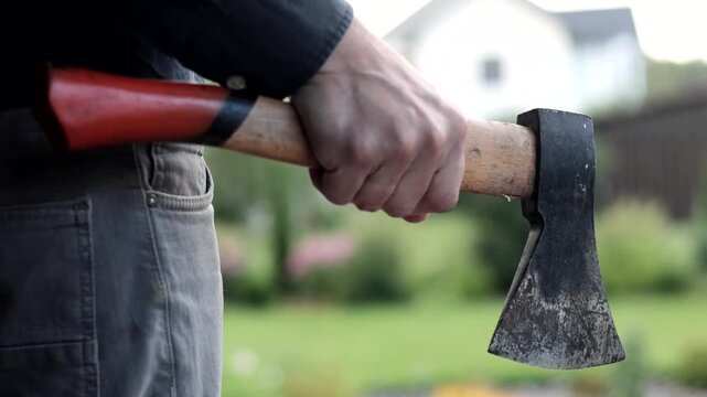 Close-up of a man holding an axe outdoors, creating a dark crime scene concept associated with violence, threat, aggression and criminal danger.