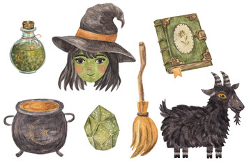Watercolor witch magic clipart set with cauldron, broom, potion, crystal, spell book and black goat © An Chubenko