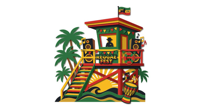 Reggae Fest beach lifeguard tower with palm trees, drums, and speakers