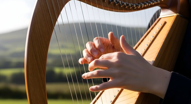 Person playing a wooden harp outdoors during a sunny day in the country