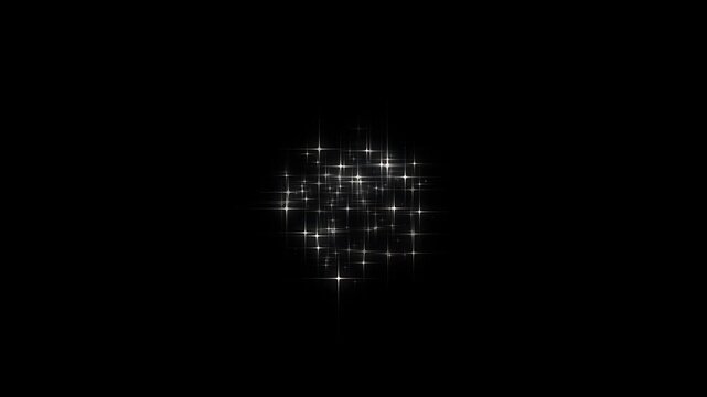 Twinkling star light bulbs with magic glitter sparkle, shining white starbursts, blinking particle lights and random star flicker animation on black background, celestial night star effect animation