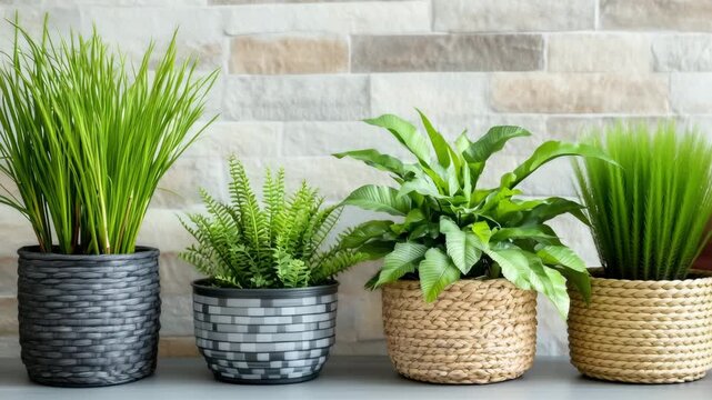 Plants are displayed in various pots on a shelf against a stone wall in a contemporary room