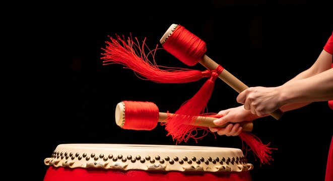 Person playing traditional red drum with ornate sticks on black background