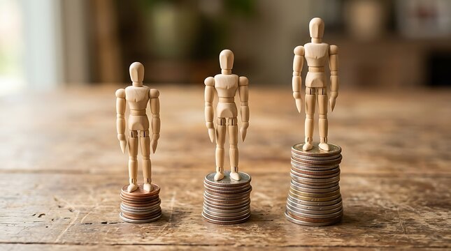 Three wooden mannequin figures standing on different height stacks of gold coins representing business growth