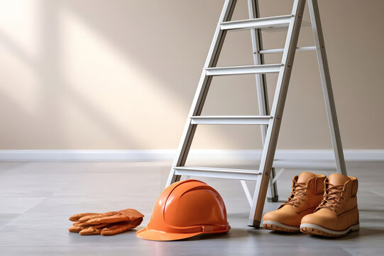 Safety equipment and aluminum ladder in empty room. Orange hard hat, gloves, and boots on the floor. Concept of renovation, construction, or maintenance.