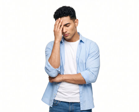 young indian man with closed eyes expressing regret frustration embarrassment guilt disappointment and mistake for mental health lifestyle and advertising concepts