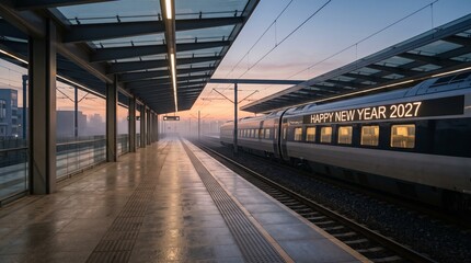 Obraz premium A sleek modern train sits at a quiet railway platform during the early dawn, displaying the text Happy New Year 2027 on its side, with soft morning light illuminating the wet station floor and tracks