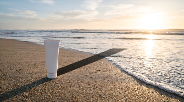 Empty sunscreen bottle on sandy beach at sunrise with ocean waves and golden light
