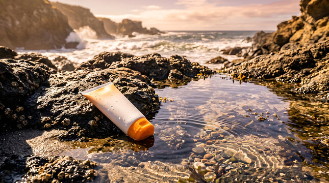 Sunscreen bottle on rocky beach tide pool at sunset for summer skincare and travel concept
