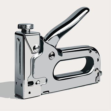 High-contrast chrome stapler vector featuring reflective surfaces and bold shadows. Clean industrial design on neutral backdrop. Ideal for construction or DIY hardware project manuals.