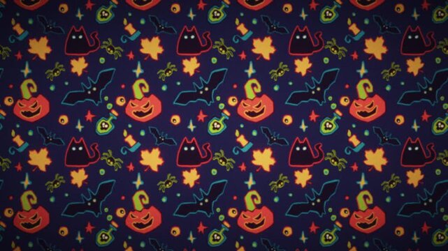 Seamless looping 2D cartoon Halloween animation pattern with vintage damaged grainy film effect, glow and halation for spooky festive promotion, social media, event invitations, party background.