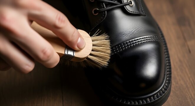 Person polishing a black leather boot with a wooden brush on wood floor